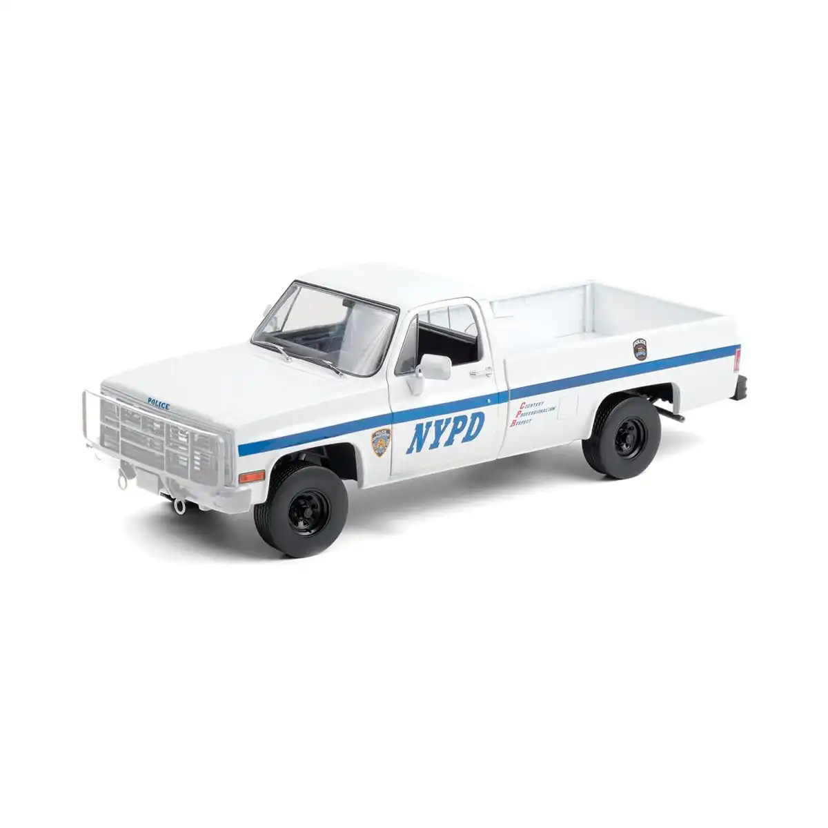 13561Chevy2 Chevrolet Van Pickup 1984 Patrulla NYPD Greenlight Escala 1/18 Blanco Metal