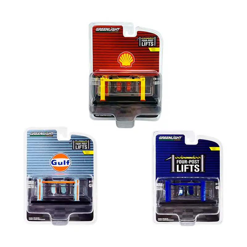serie16100gl Serie Elevador Four Post Lifts Gulf Shell Escala 1:64 Greenlight - Imagen 1