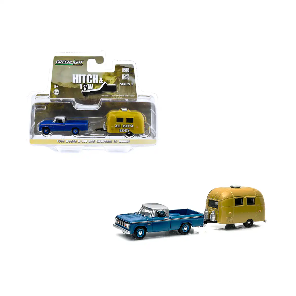 32030DodgeB Dodge D100 1966 con Remolque Bambi Hitch Tow Greenlight 1/64