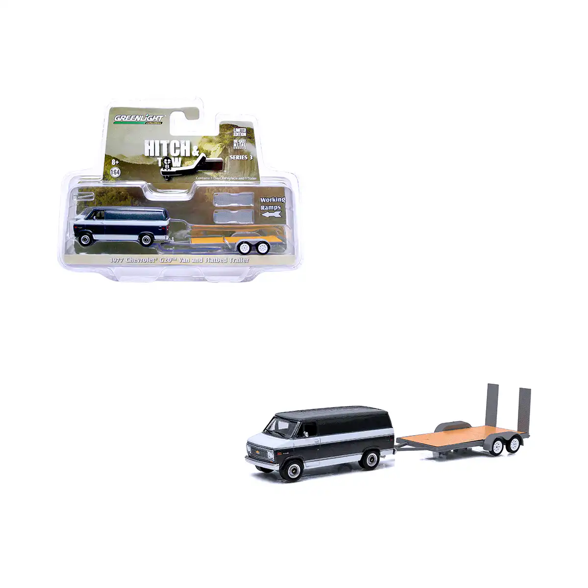 32030G20Chevy Chevrolet G20 Van 1977 con Flatbed Hitch Tow Greenlight 1/64 - Imagen 1