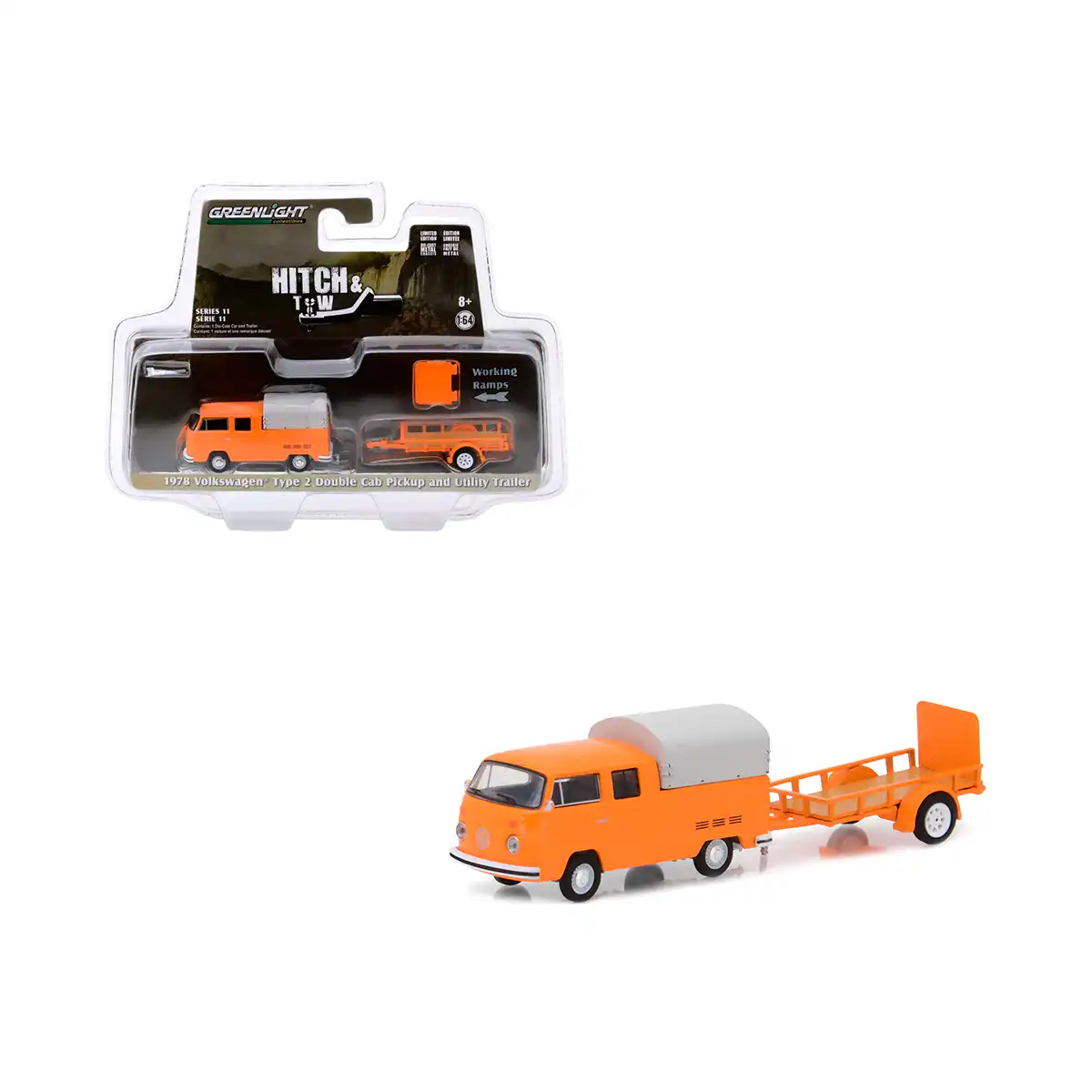 32110-ACombi1 VW Combi Type 2 Pickup 1978 y Remolque Hitch Greenlight 1/64 - Imagen 1