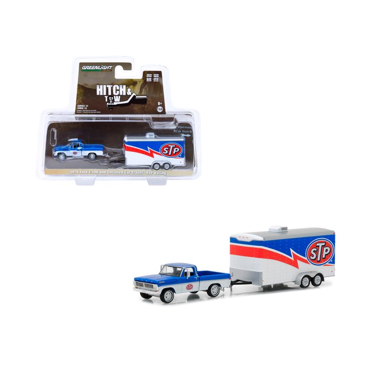 Ford F100 1970 con Remolque STP Hitch Tow Greenlight 1/64